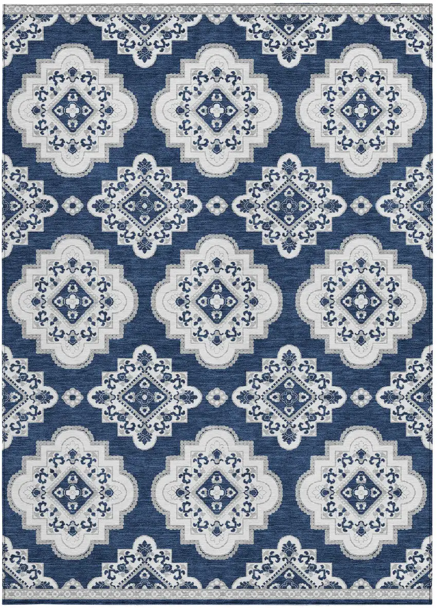 Navy Blue And Ivory Medallion Washable Indoor Outdoor Area Rug Photo 6