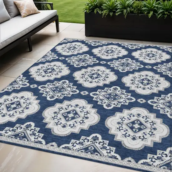 Navy Blue And Ivory Medallion Washable Indoor Outdoor Area Rug Photo 1