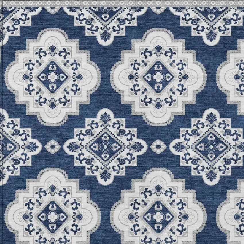 Navy Blue And Ivory Medallion Washable Indoor Outdoor Area Rug Photo 5