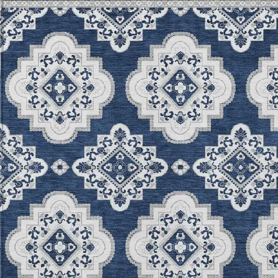 Navy Blue And Ivory Medallion Washable Indoor Outdoor Area Rug Photo 5