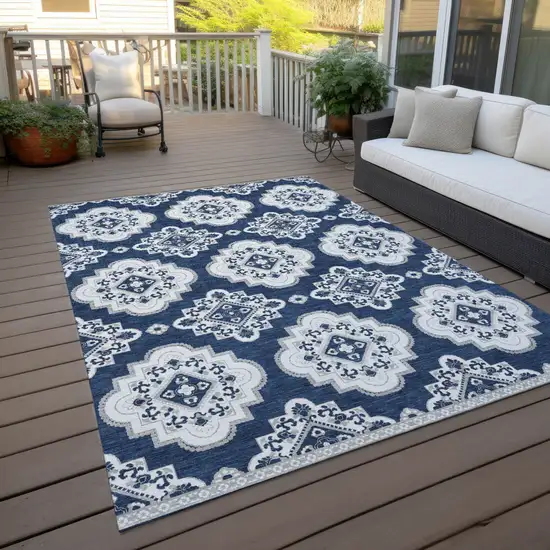Navy Blue And Ivory Medallion Washable Indoor Outdoor Area Rug Photo 7