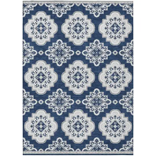Navy Blue And Ivory Medallion Washable Indoor Outdoor Area Rug Photo 2