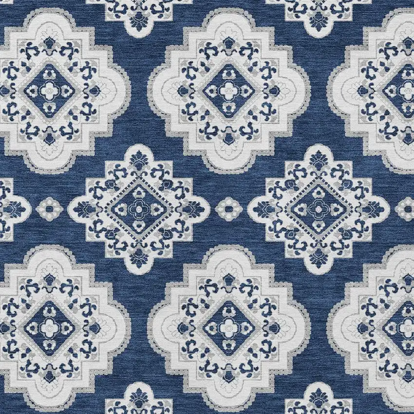 Navy Blue And Ivory Medallion Washable Indoor Outdoor Area Rug Photo 5
