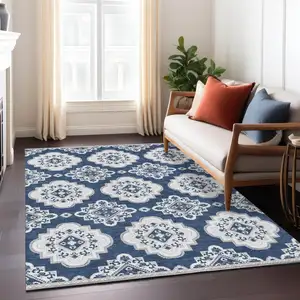 Photo of Navy Blue And Ivory Medallion Washable Indoor Outdoor Area Rug