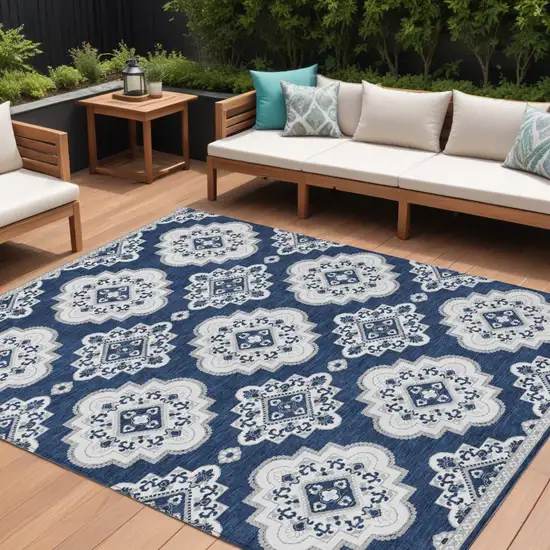 Navy Blue And Ivory Medallion Washable Indoor Outdoor Area Rug Photo 1