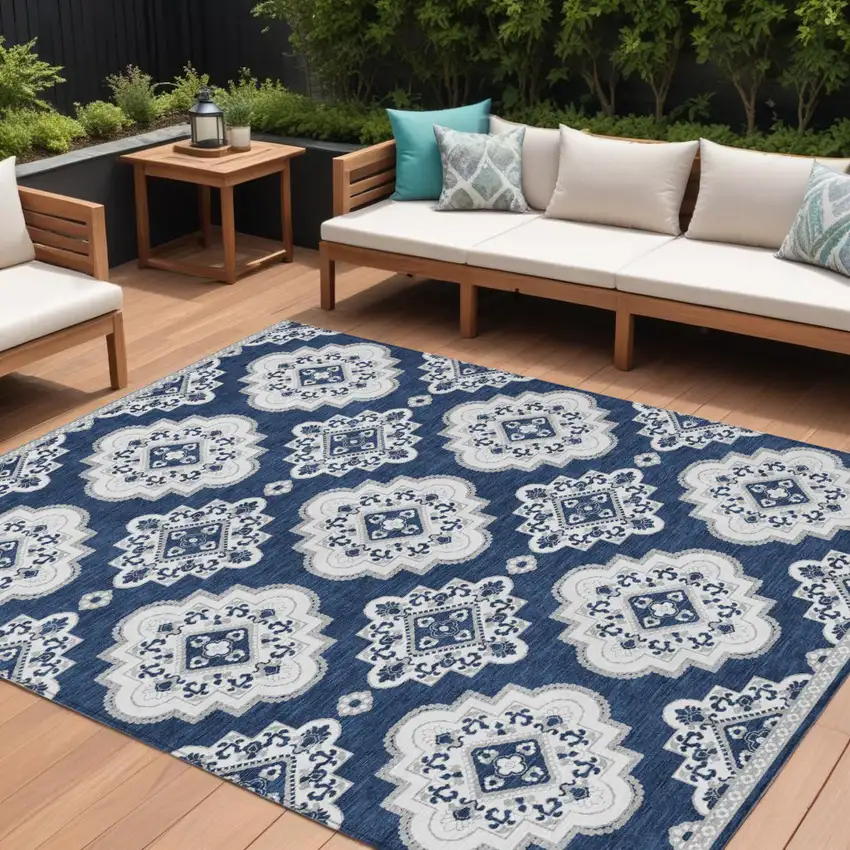 Navy Blue And Ivory Medallion Washable Indoor Outdoor Area Rug Photo 1