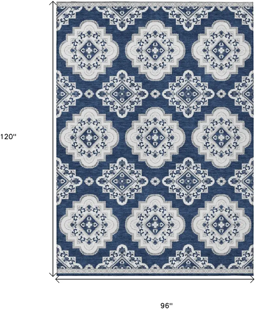 Navy Blue And Ivory Medallion Washable Indoor Outdoor Area Rug Photo 3