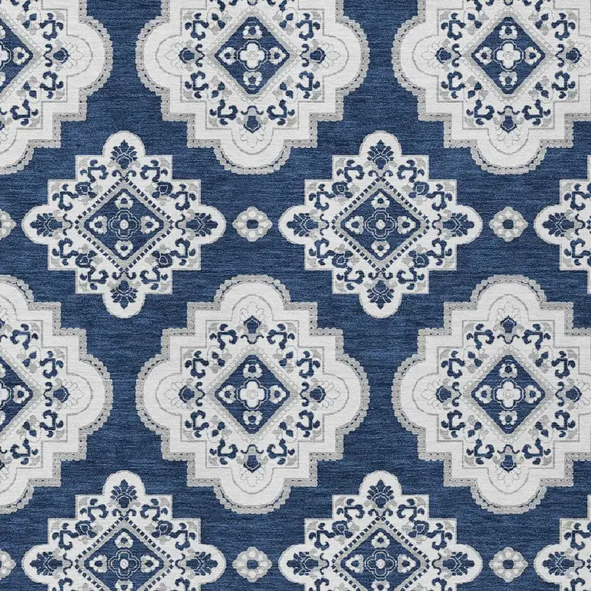 Navy Blue And Ivory Medallion Washable Indoor Outdoor Area Rug Photo 5
