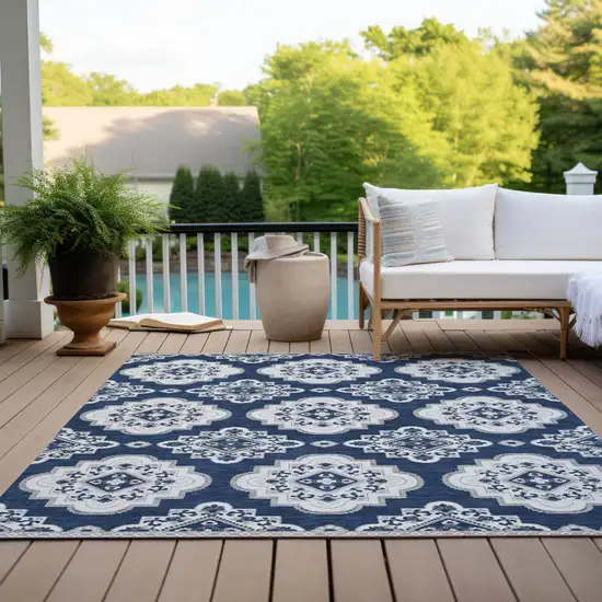 Navy Blue And Ivory Medallion Washable Indoor Outdoor Area Rug Photo 9