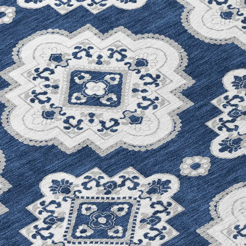 Navy Blue And Ivory Medallion Washable Indoor Outdoor Area Rug Photo 7