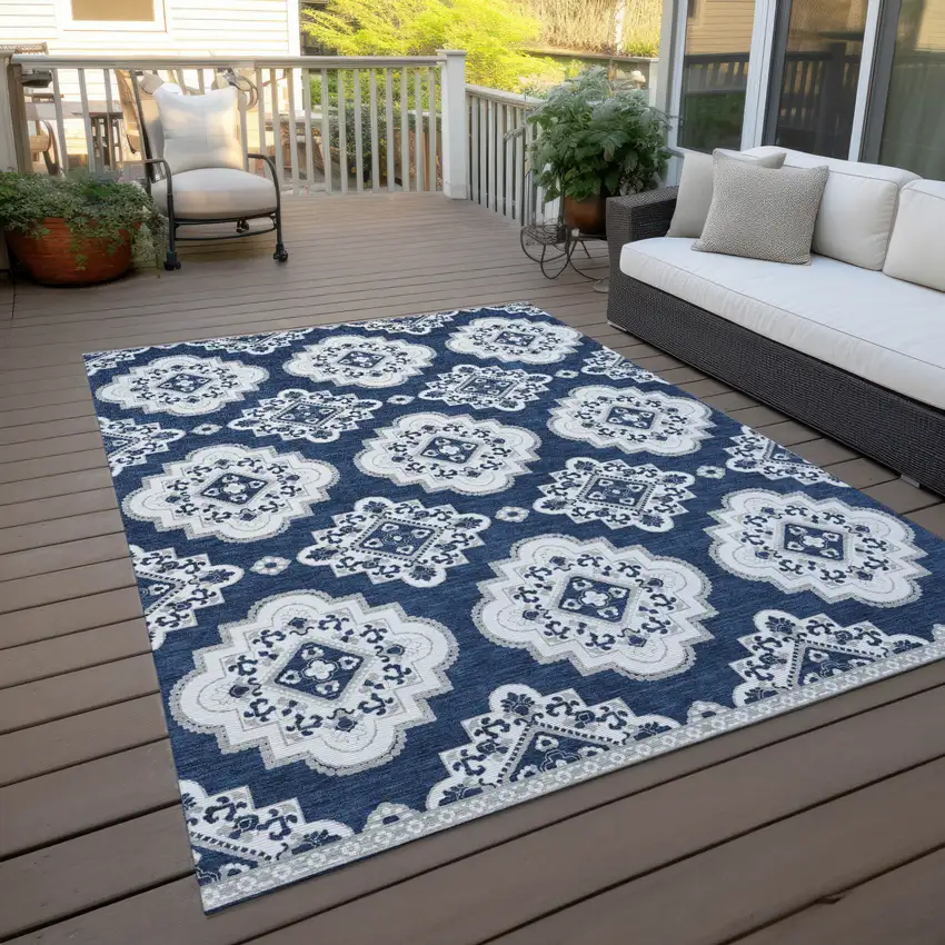 Navy Blue And Ivory Medallion Washable Indoor Outdoor Area Rug Photo 7