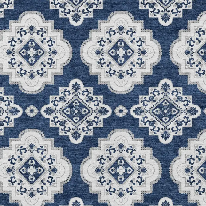 Navy Blue And Ivory Medallion Washable Indoor Outdoor Area Rug Photo 4