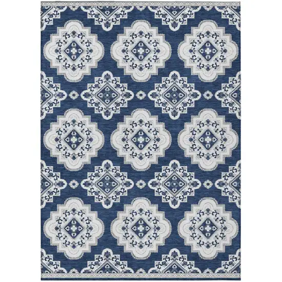 Navy Blue And Ivory Medallion Washable Indoor Outdoor Area Rug Photo 2