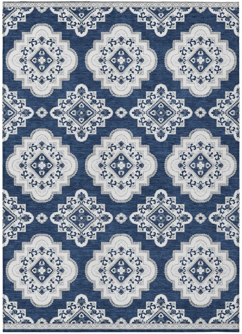 Navy Blue And Ivory Medallion Washable Indoor Outdoor Area Rug Photo 2