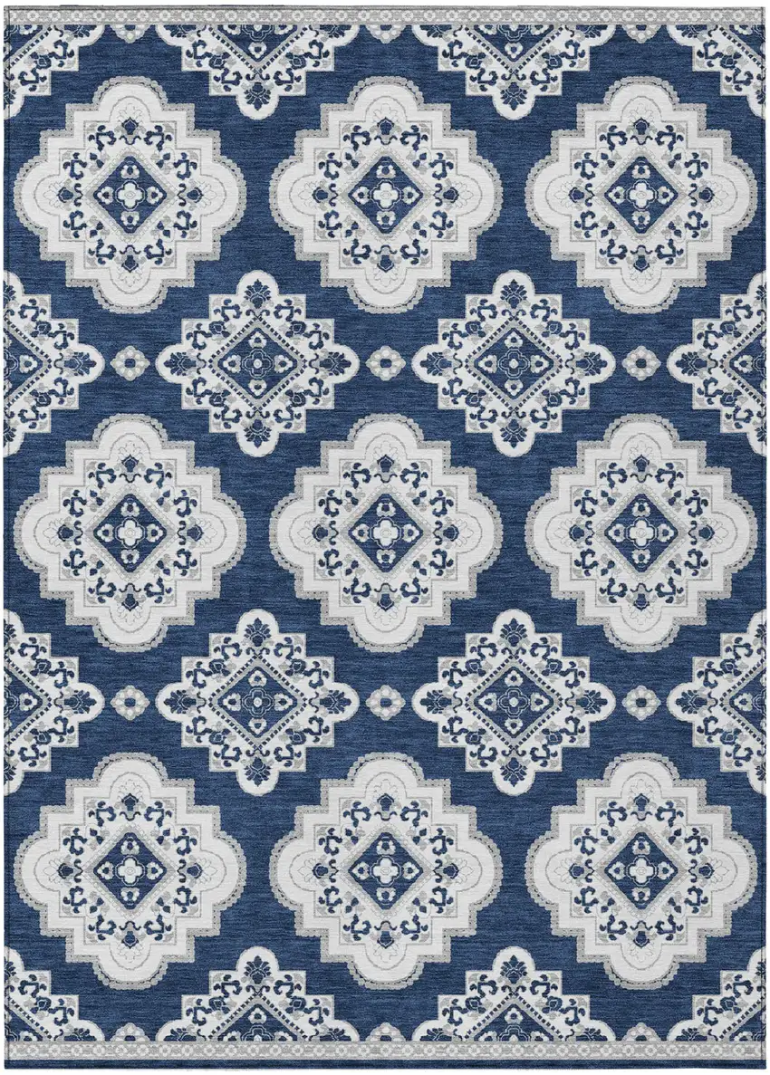Navy Blue And Ivory Medallion Washable Indoor Outdoor Area Rug Photo 2