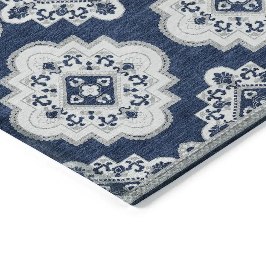 Navy Blue And Ivory Medallion Washable Indoor Outdoor Area Rug Photo 3
