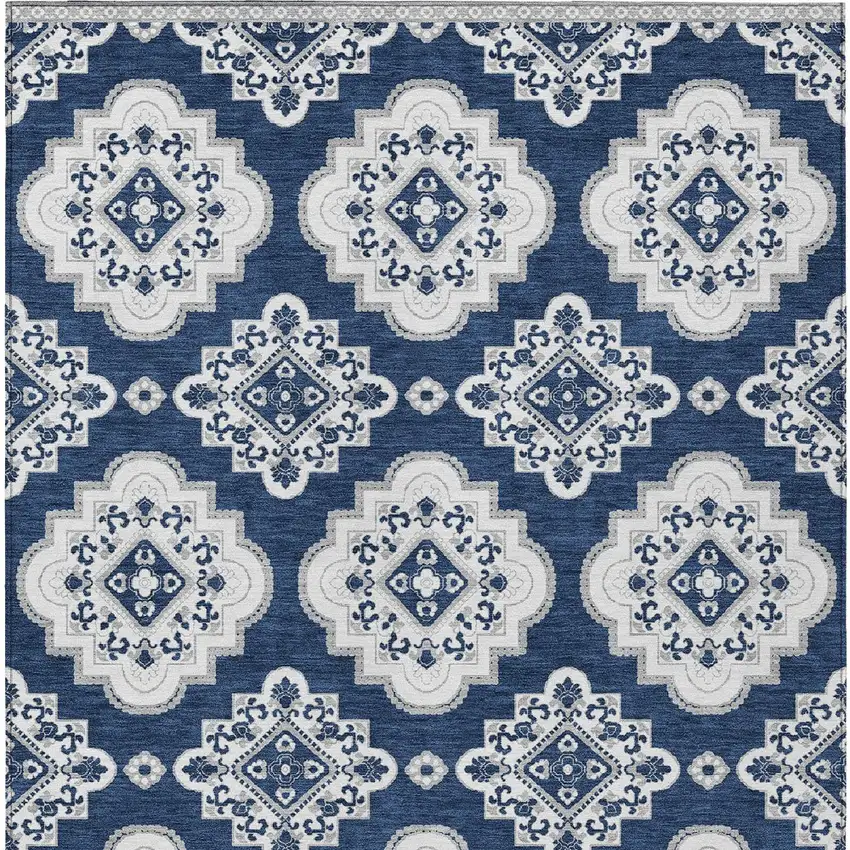 Navy Blue And Ivory Medallion Washable Indoor Outdoor Area Rug Photo 5