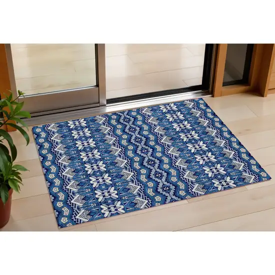 Navy Blue And Ivory Moroccan Washable Indoor Outdoor Area Rug Photo 1