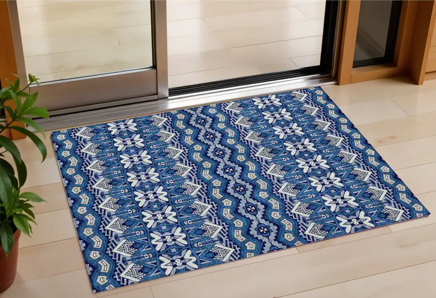 Navy Blue And Ivory Moroccan Washable Indoor Outdoor Area Rug Photo 1