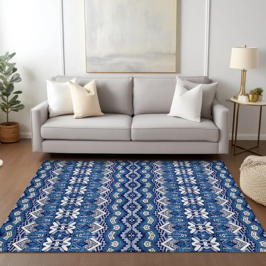 Navy Blue And Ivory Moroccan Washable Indoor Outdoor Area Rug Photo 9