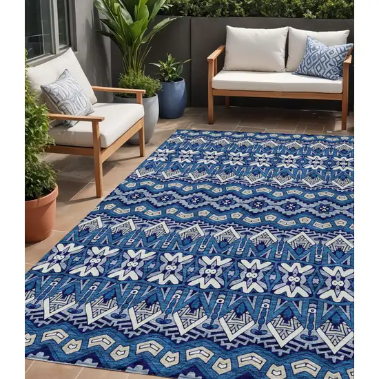 Navy Blue And Ivory Moroccan Washable Indoor Outdoor Area Rug Photo 1