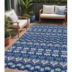 Photo of Navy Blue And Ivory Moroccan Washable Indoor Outdoor Area Rug
