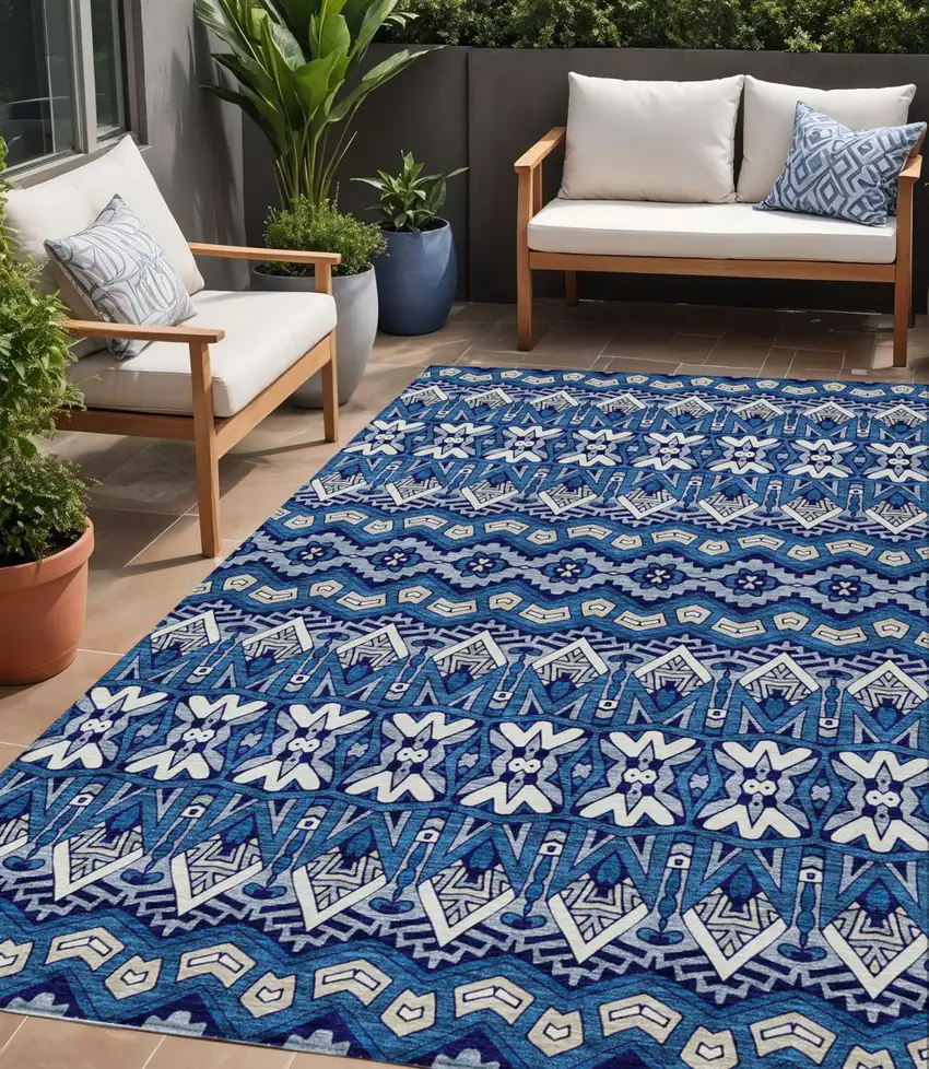 Navy Blue And Ivory Moroccan Washable Indoor Outdoor Area Rug Photo 1