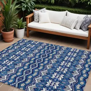Photo of Navy Blue And Ivory Moroccan Washable Indoor Outdoor Area Rug