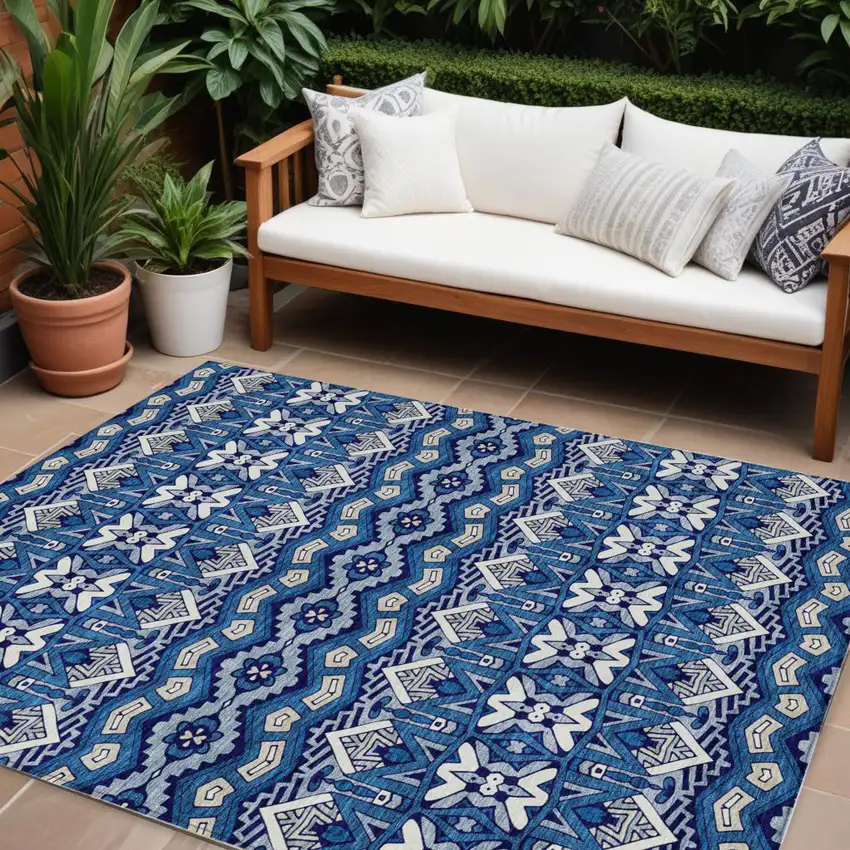 Navy Blue And Ivory Moroccan Washable Indoor Outdoor Area Rug Photo 1