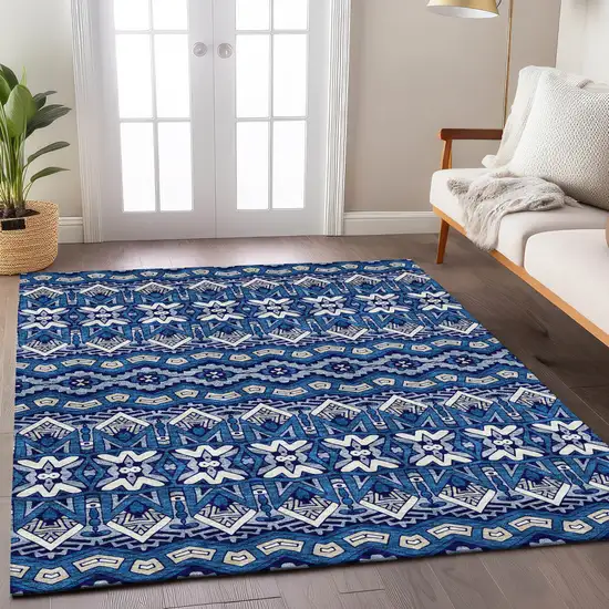 Navy Blue And Ivory Moroccan Washable Indoor Outdoor Area Rug Photo 9