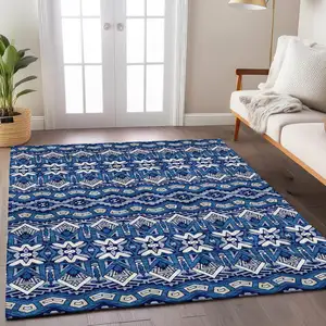 Photo of Navy Blue And Ivory Moroccan Washable Indoor Outdoor Area Rug