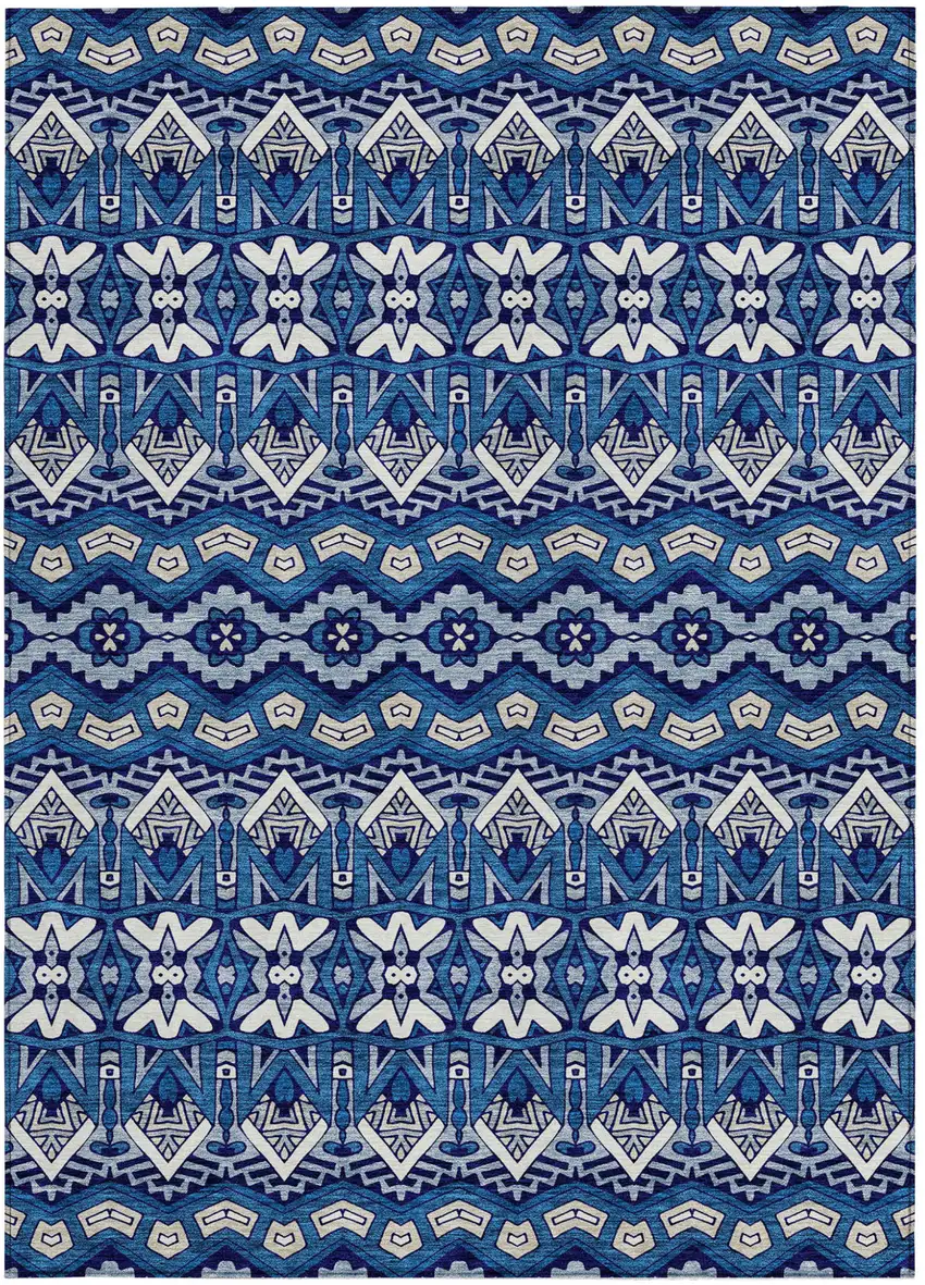 Navy Blue And Ivory Moroccan Washable Indoor Outdoor Area Rug Photo 7