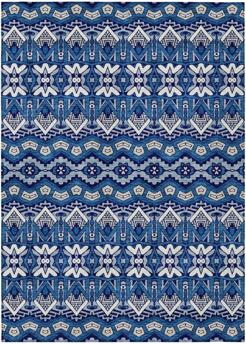 Navy Blue And Ivory Moroccan Washable Indoor Outdoor Area Rug Photo 2