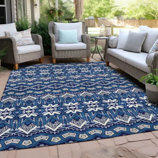 Navy Blue And Ivory Moroccan Washable Indoor Outdoor Area Rug Photo 8