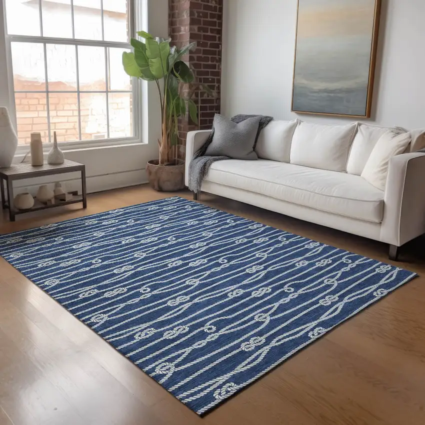 Navy Blue And Ivory Nautical Washable Area Rug With UV Protection Photo 5