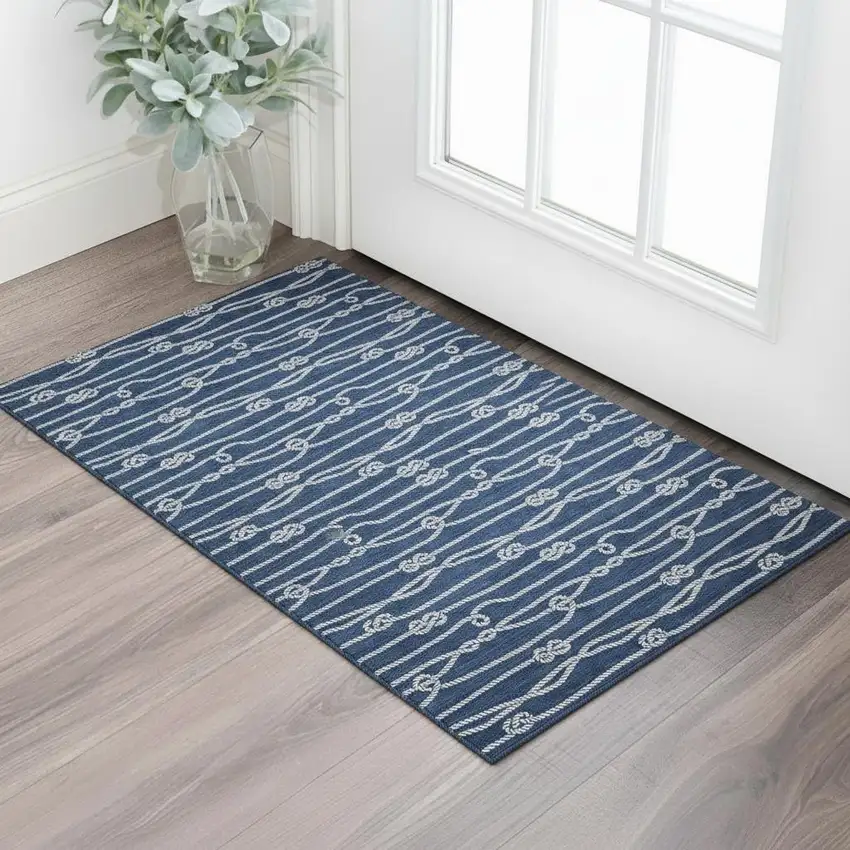 Navy Blue And Ivory Nautical Washable Area Rug With UV Protection Photo 1