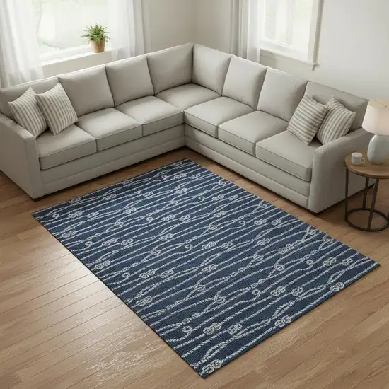 Navy Blue And Ivory Nautical Washable Area Rug With UV Protection Photo 1