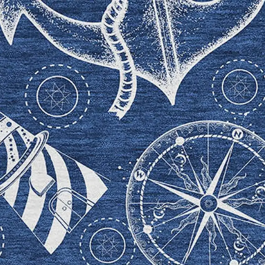 Navy Blue And Ivory Nautical Washable Area Rug With UV Protection Photo 4