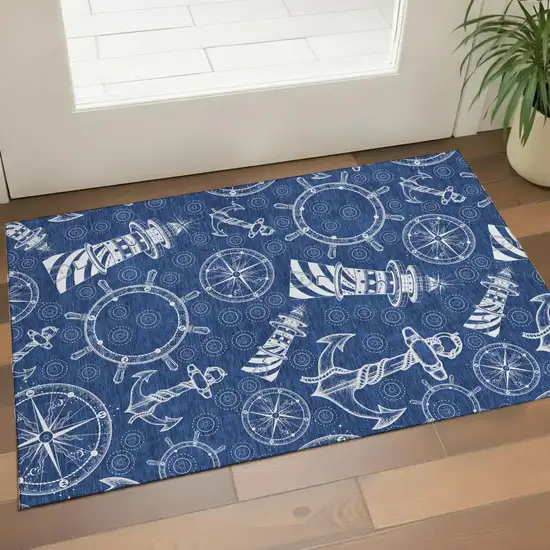 Navy Blue And Ivory Nautical Washable Area Rug With UV Protection Photo 1