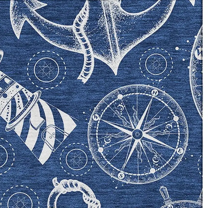 Navy Blue And Ivory Nautical Washable Area Rug With UV Protection Photo 5