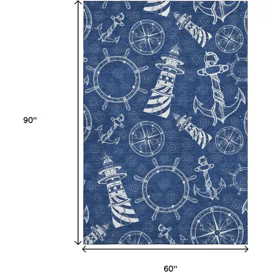 Navy Blue And Ivory Nautical Washable Area Rug With UV Protection Photo 3