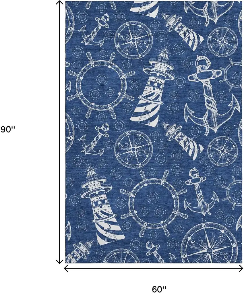 Navy Blue And Ivory Nautical Washable Area Rug With UV Protection Photo 3