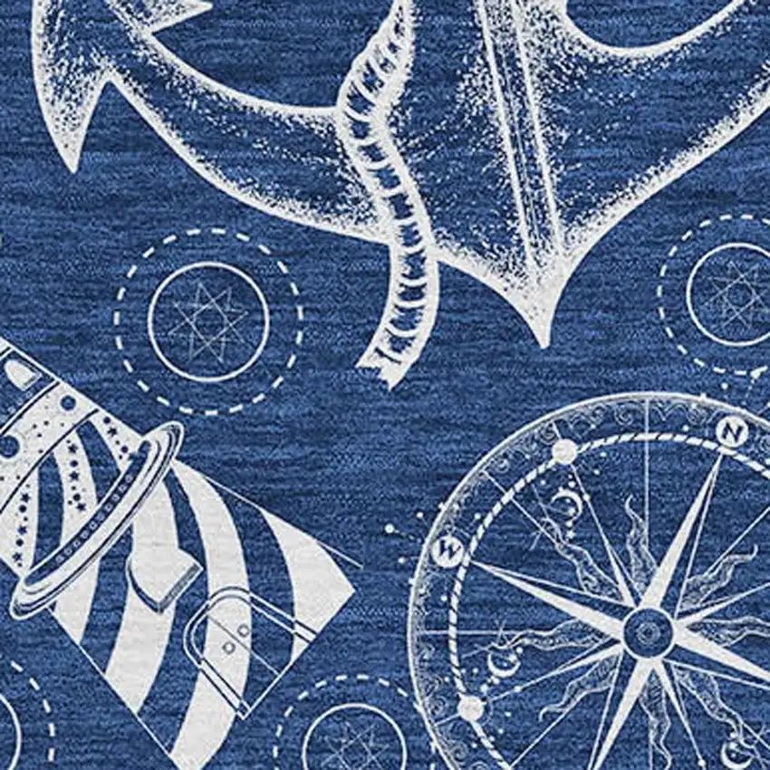 Navy Blue And Ivory Nautical Washable Area Rug With UV Protection Photo 4