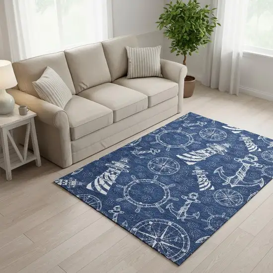 Navy Blue And Ivory Nautical Washable Area Rug With UV Protection Photo 1