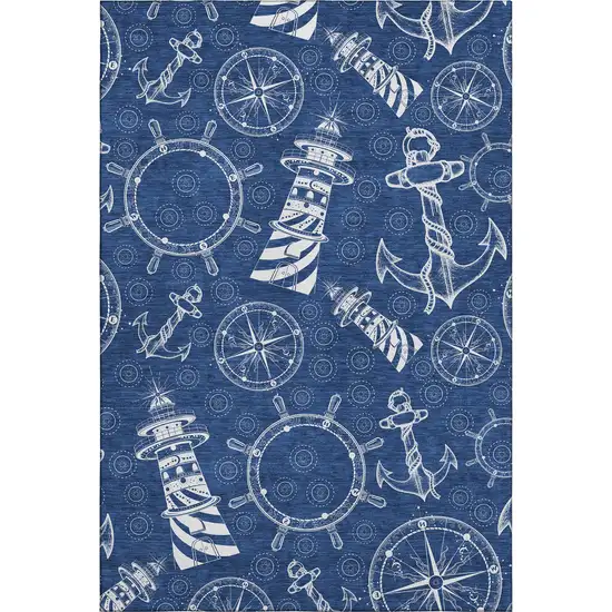 Navy Blue And Ivory Nautical Washable Area Rug With UV Protection Photo 2