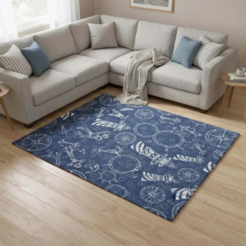 Navy Blue And Ivory Nautical Washable Area Rug With UV Protection Photo 1