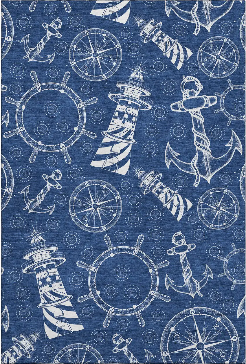 Navy Blue And Ivory Nautical Washable Area Rug With UV Protection Photo 2