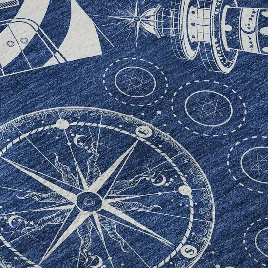 Navy Blue And Ivory Nautical Washable Area Rug With UV Protection Photo 9