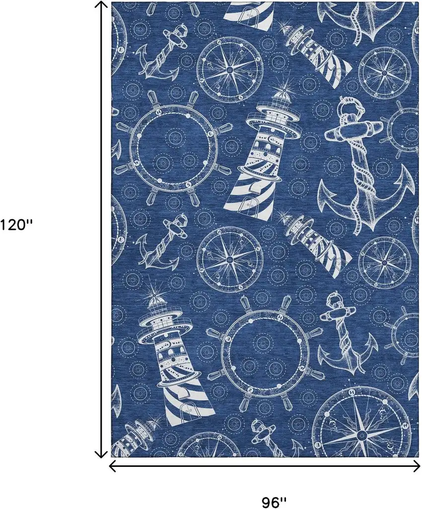 Navy Blue And Ivory Nautical Washable Area Rug With UV Protection Photo 3