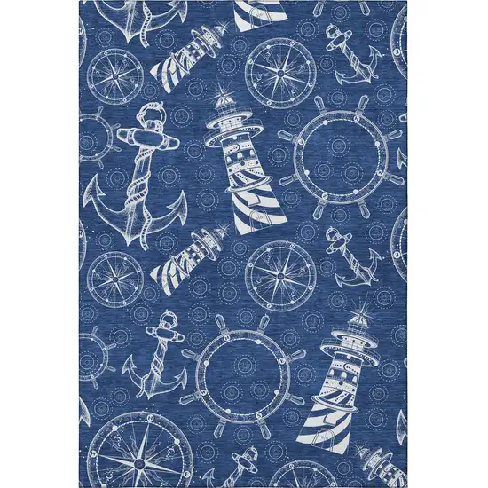 Navy Blue And Ivory Nautical Washable Area Rug With UV Protection Photo 4